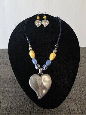 Silver Heart Pendant Necklace with Blue and Yellow Beads
